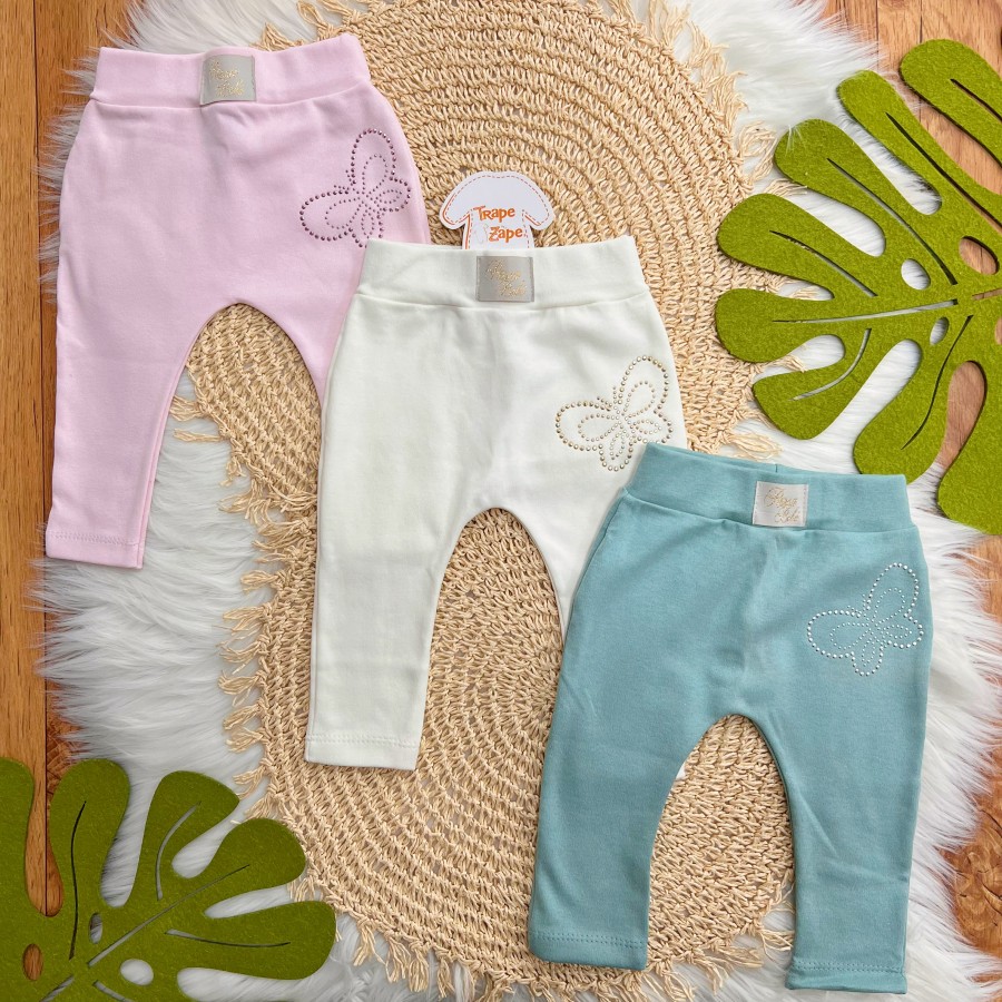 Kit 3 Calças - Borboletas de Strass - Rosa,Off White e Verde